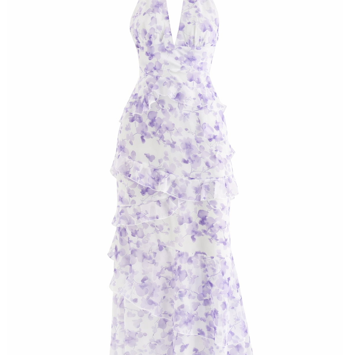 aqua ruffled midi halter dress Elegant Halter Taupe Multi-Color Floral Print Satin Open Back Ruffle Maxi Dress with Middle Slit M / Taupe main image 0