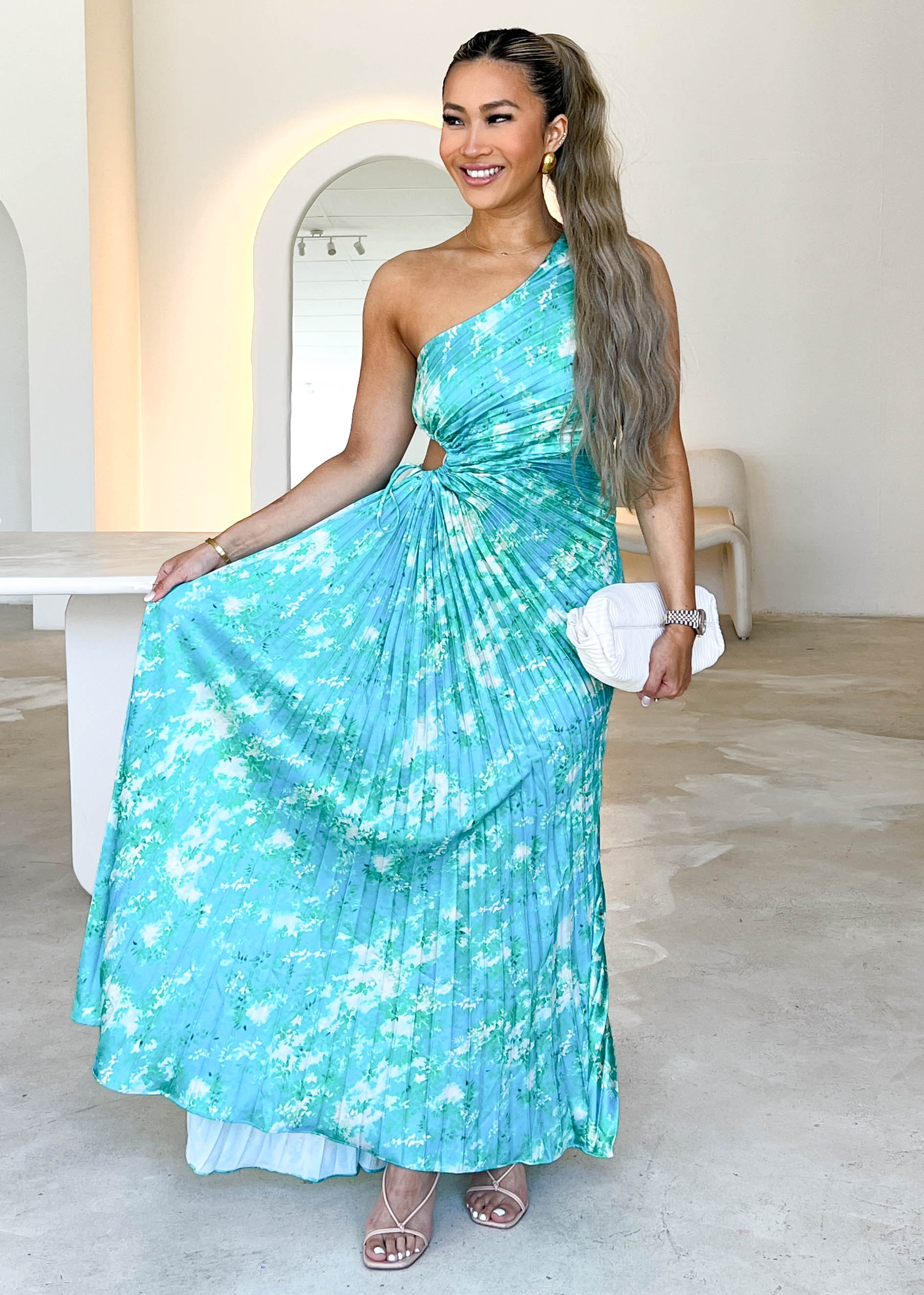 Corinne One Shoulder Midi Dress - Turquoise Watercolour