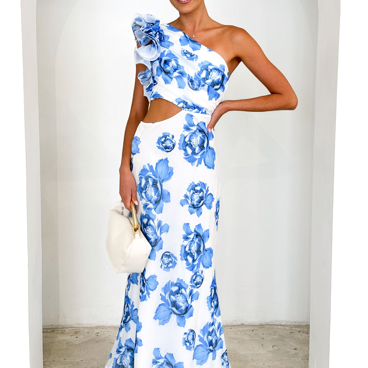 blue and white one shoulder dress Kenny One Shoulder Tiered Maxi Dress Blue
