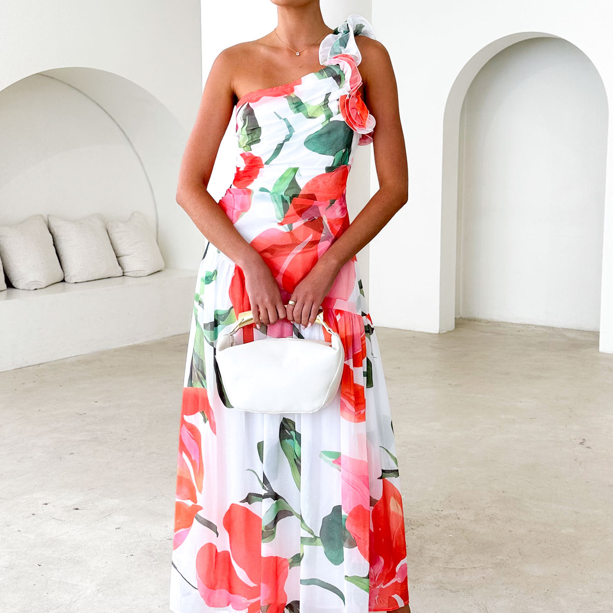 red and white one shoulder dress Zora One Shoulder Pleated Midi Dress