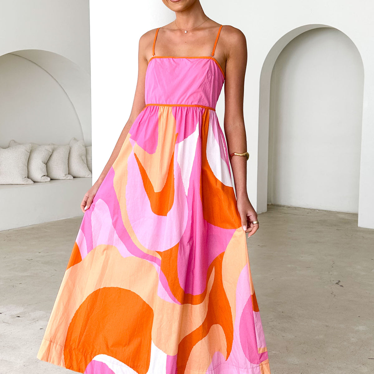 chinese dress ladies Pink & Orange Striped Midi Halter Dress – Skal Moon Boutique