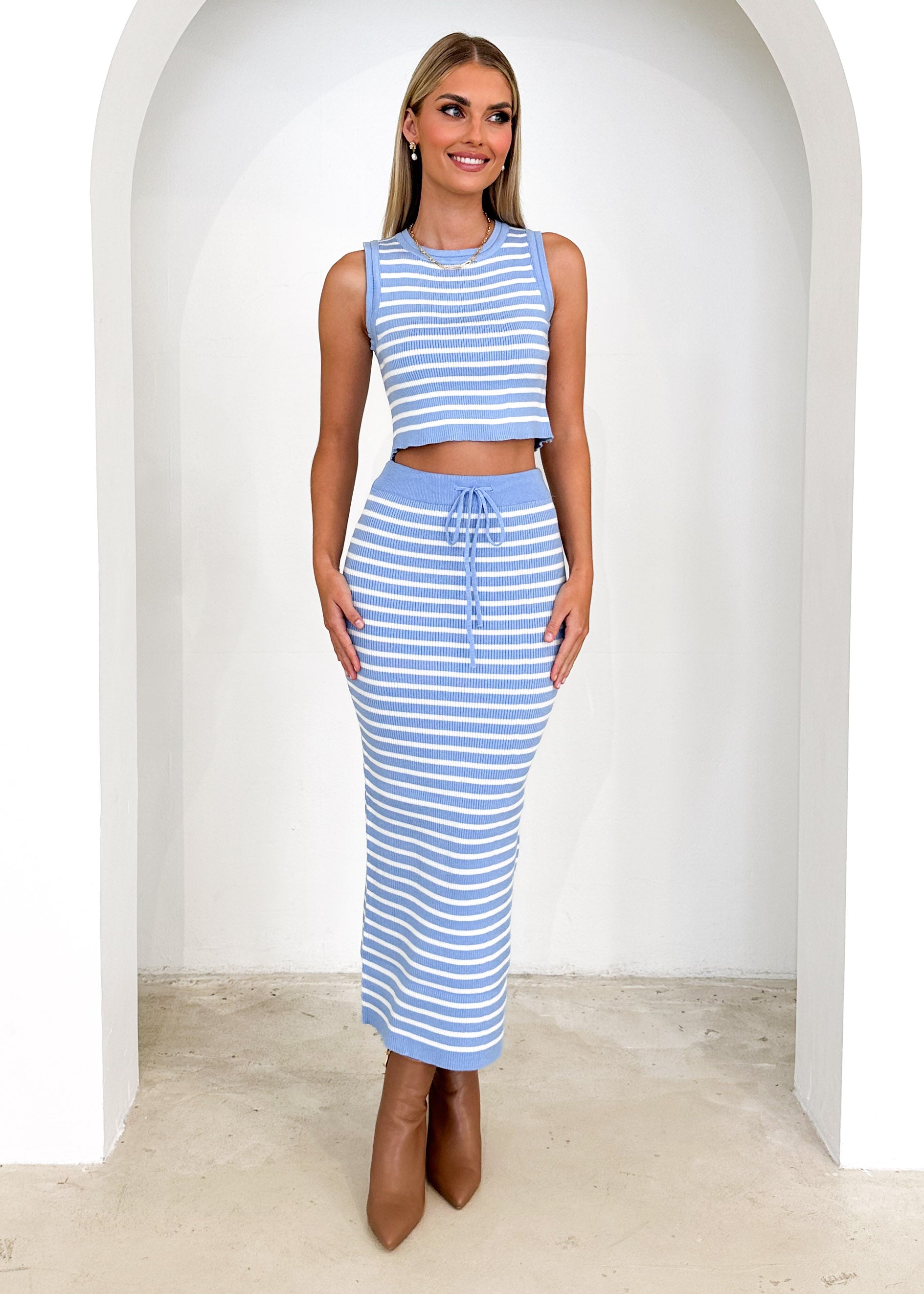 Astrid Knit Maxi Skirt - Blue Stripe