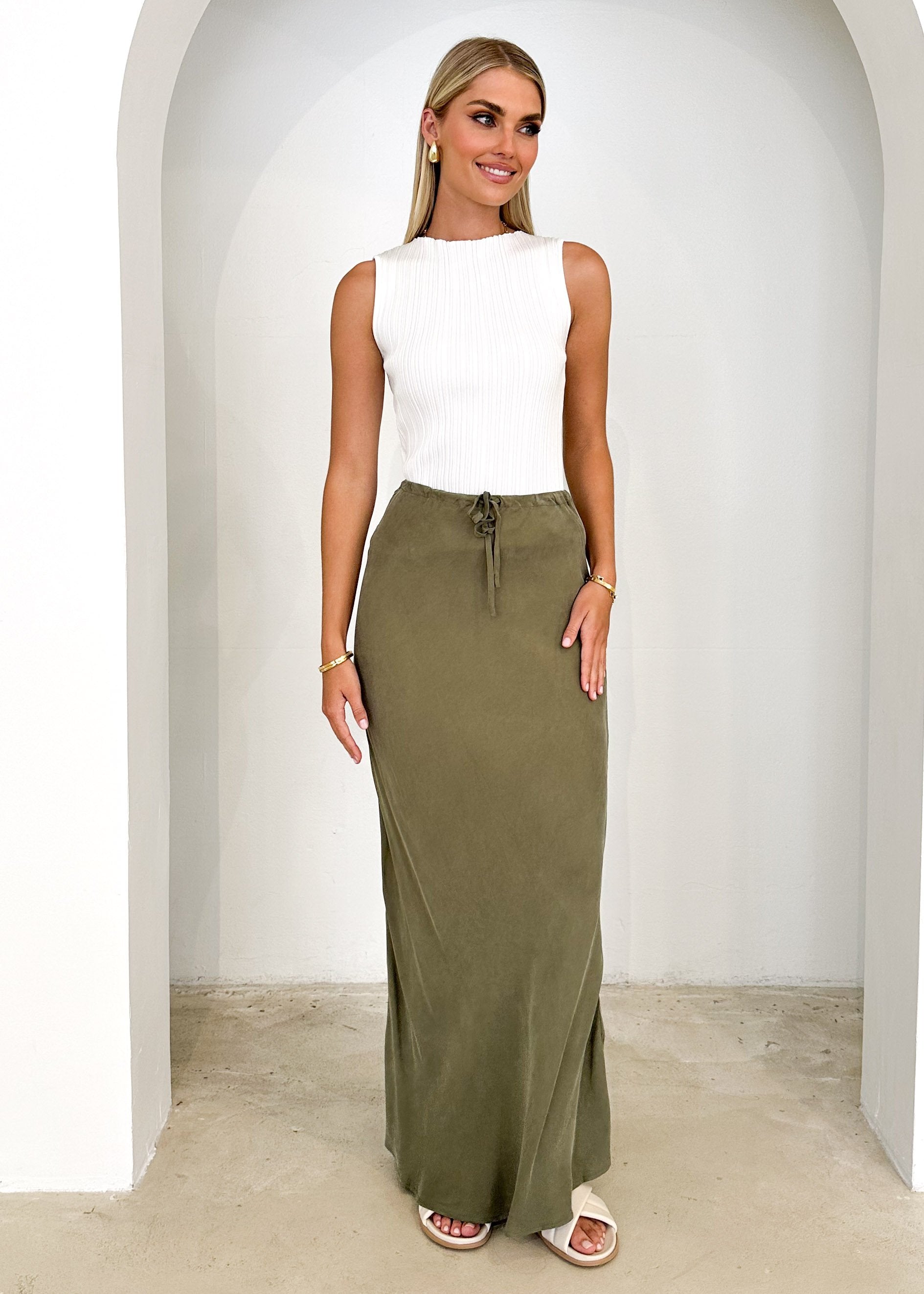 Klarey Cupro Maxi Skirt - Olive