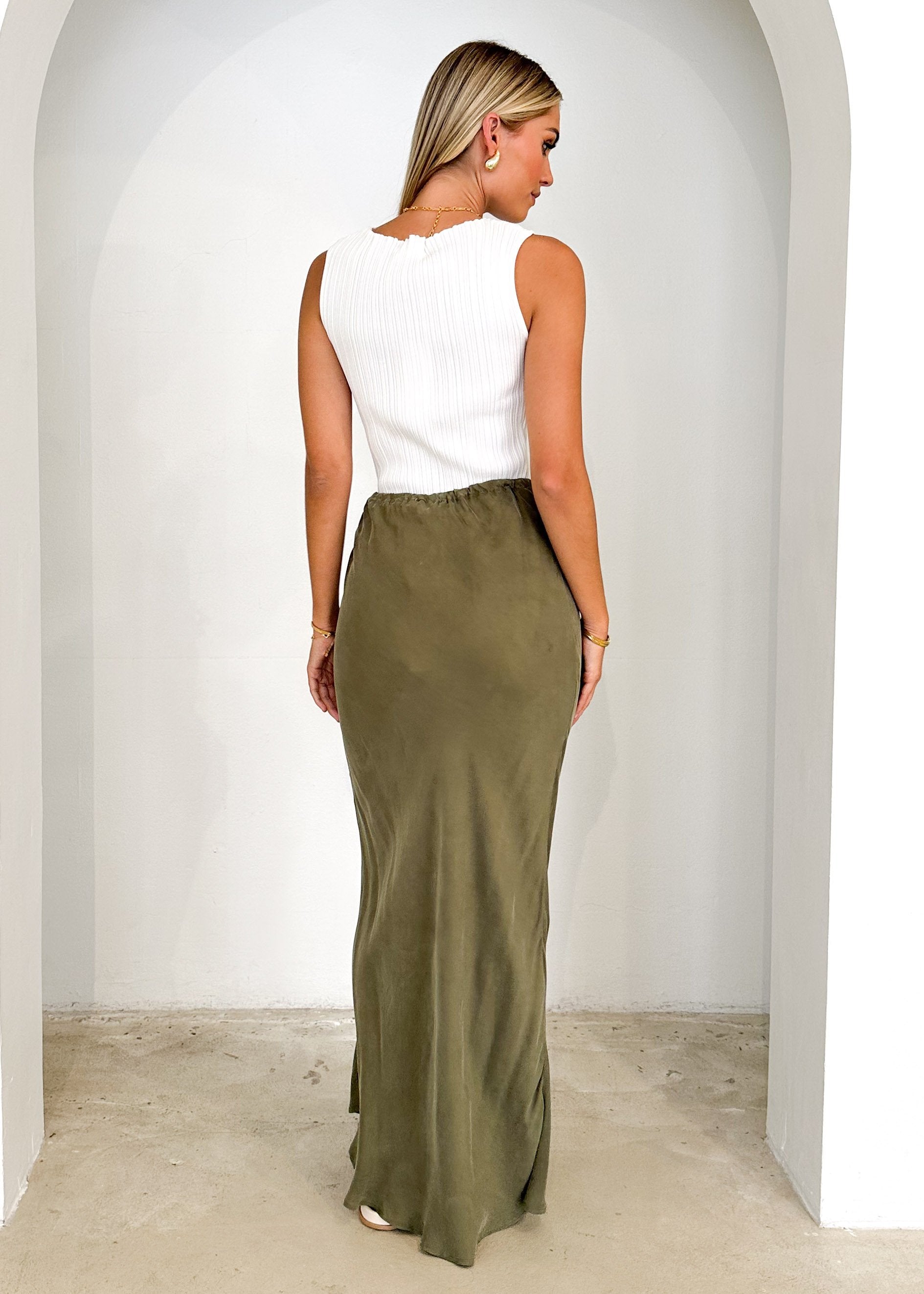 Klarey Cupro Maxi Skirt - Olive