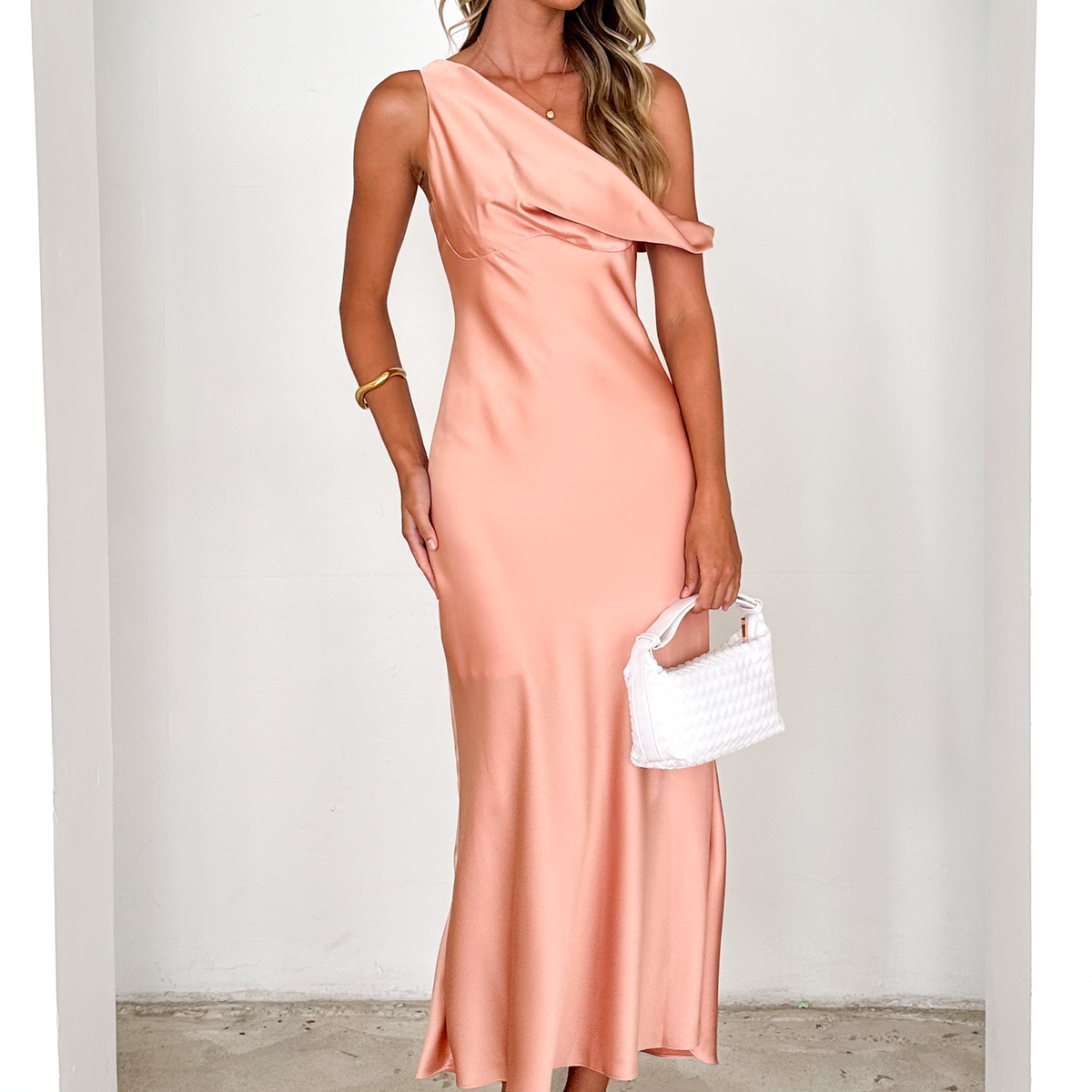 Draela One Shoulder Midi Dress Peach – Gingham Heels