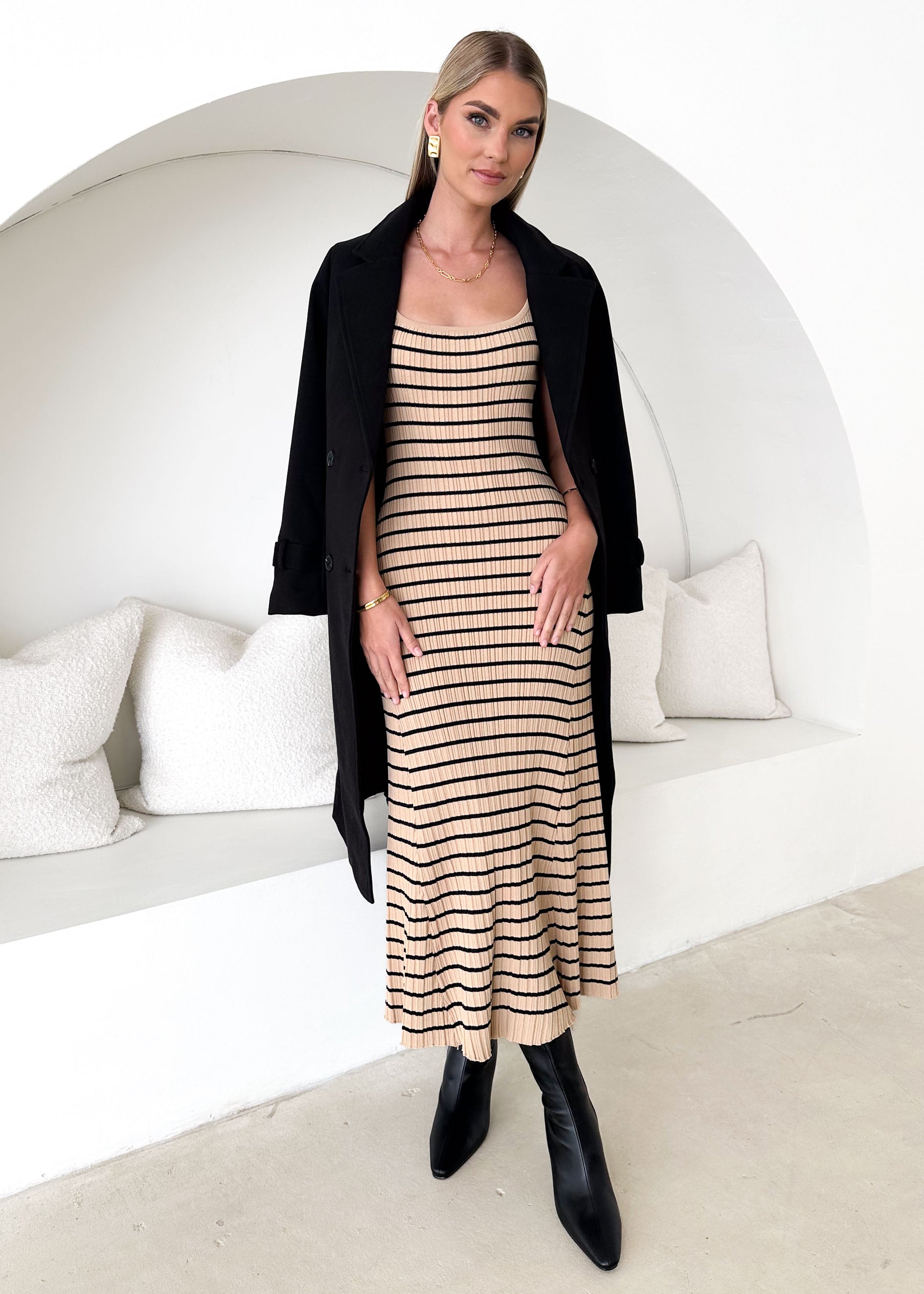 Doria Knit Maxi Dress - Beige Stripe