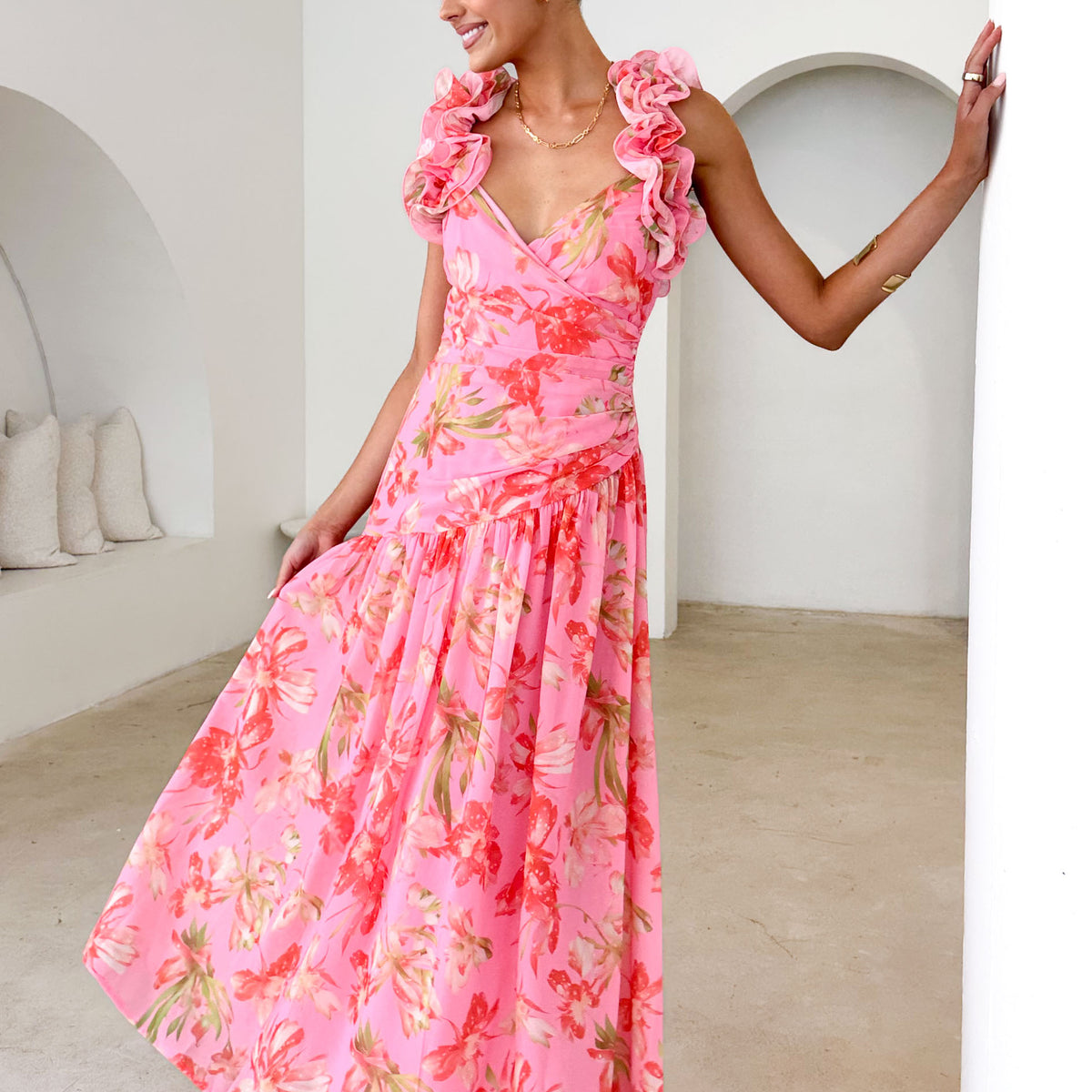 gingham and heels pink dress Daisy Street shirred mini frill hem dress in pink gingham