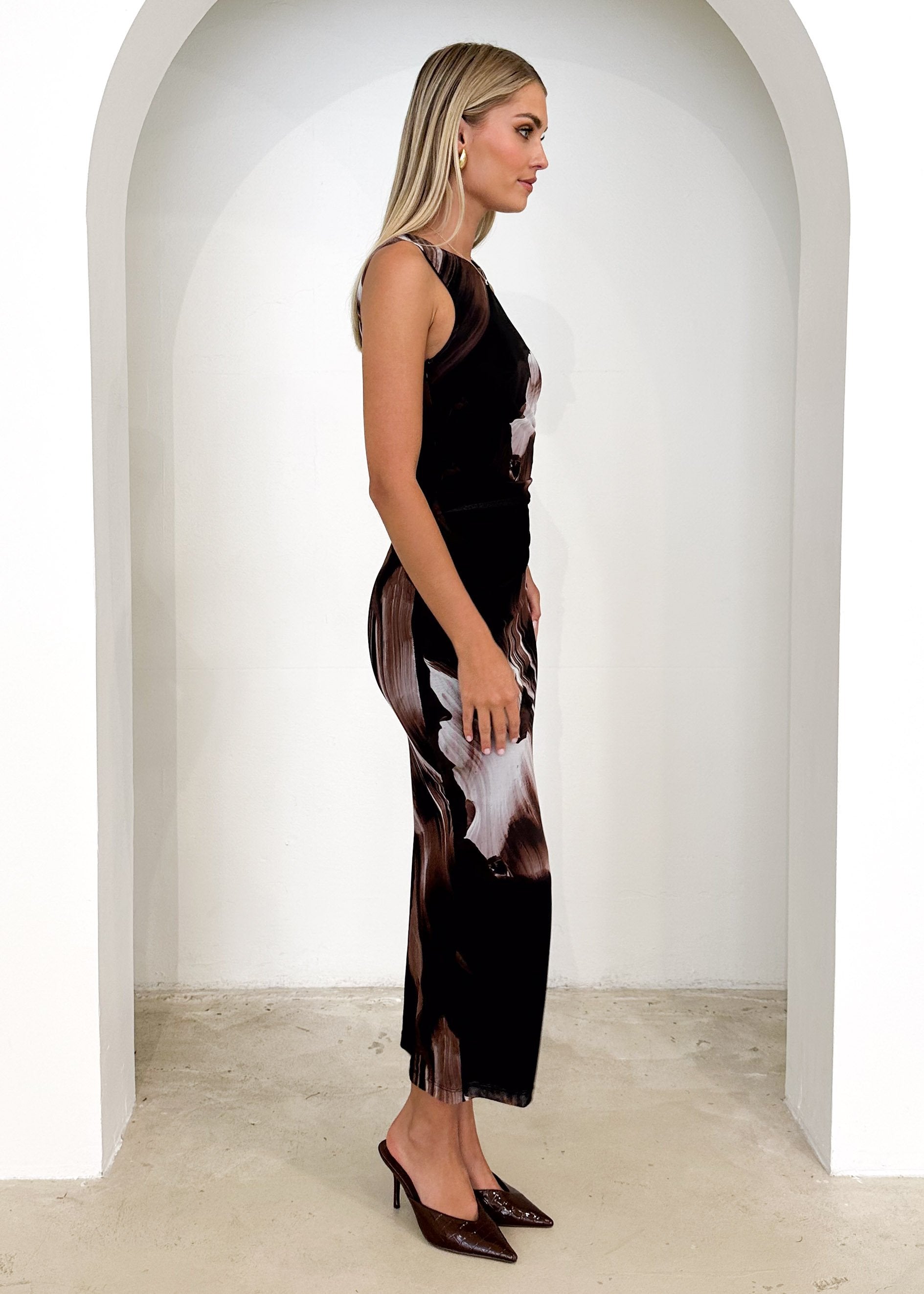 Tillia Mesh Maxi Dress - Choc Abstract
