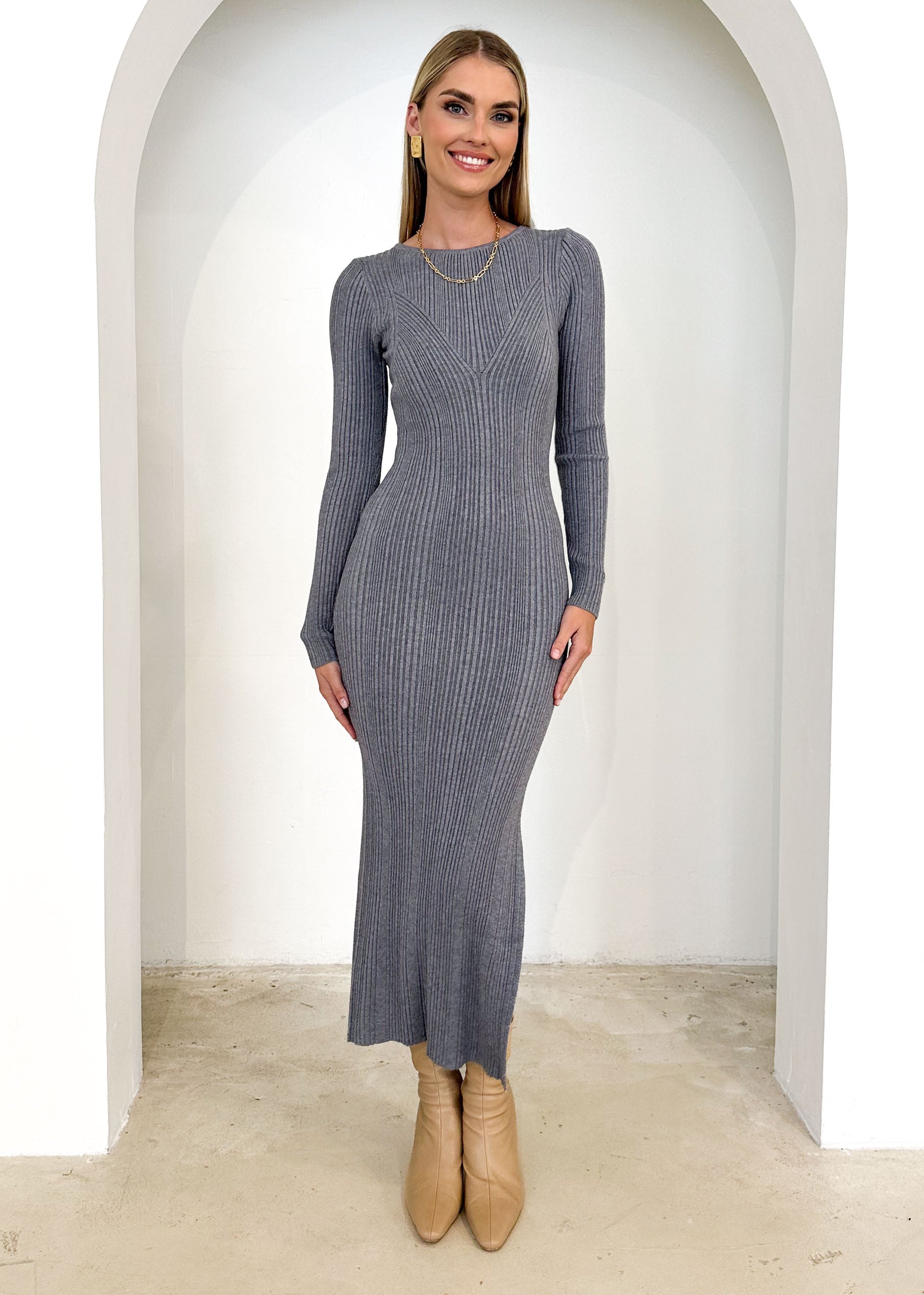 Selina Knit Midi Dress - Grey