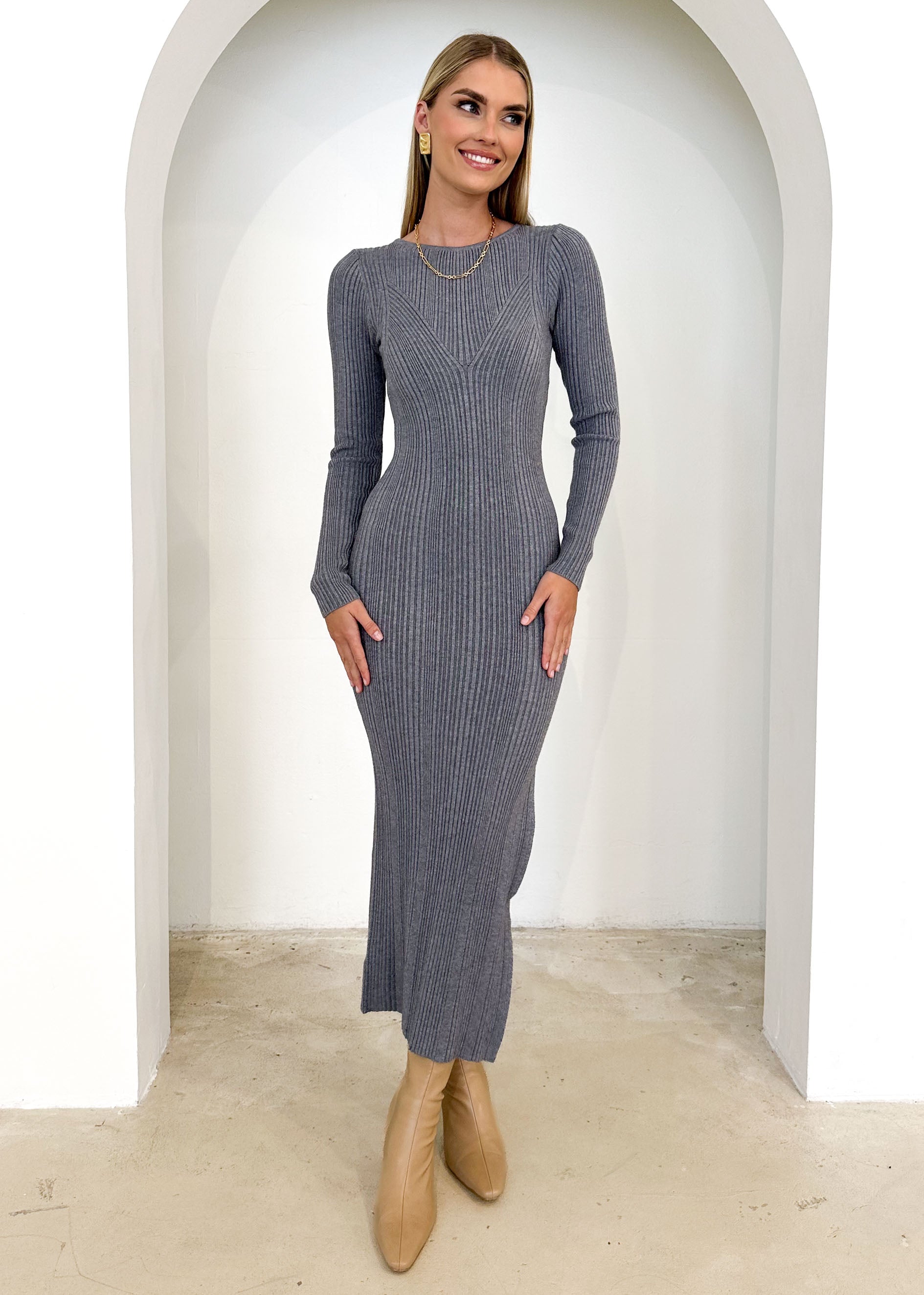 Selina Knit Midi Dress - Grey