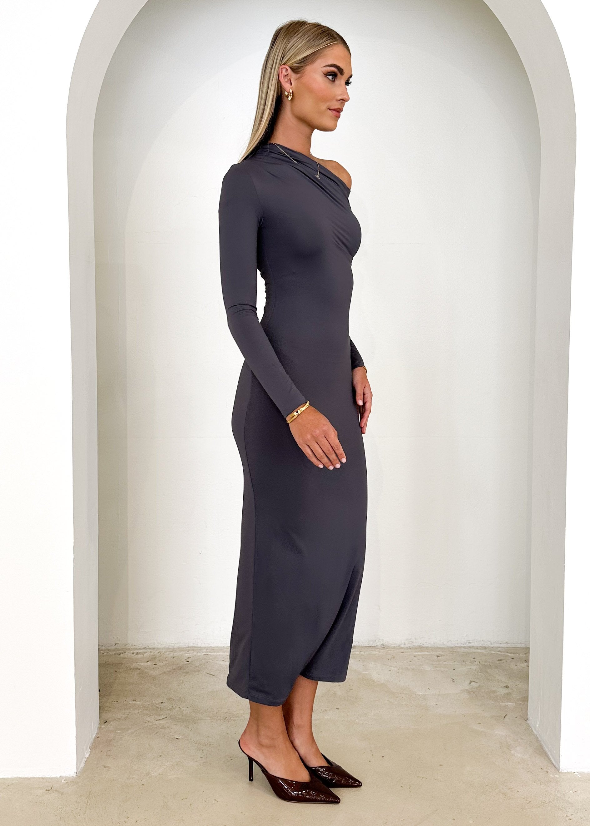 Dayla One Shoulder Midi Dress - Charcoal