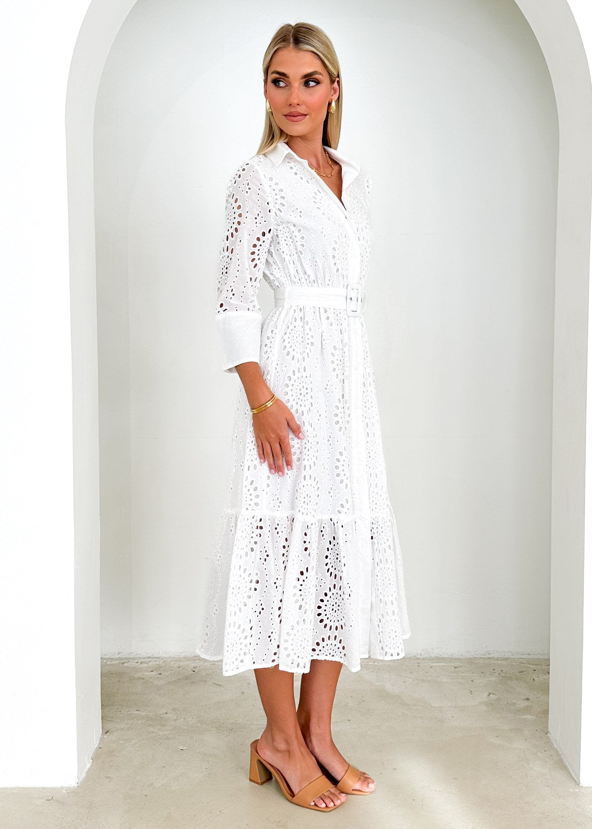 Costeen Midi Dress - White Anglaise