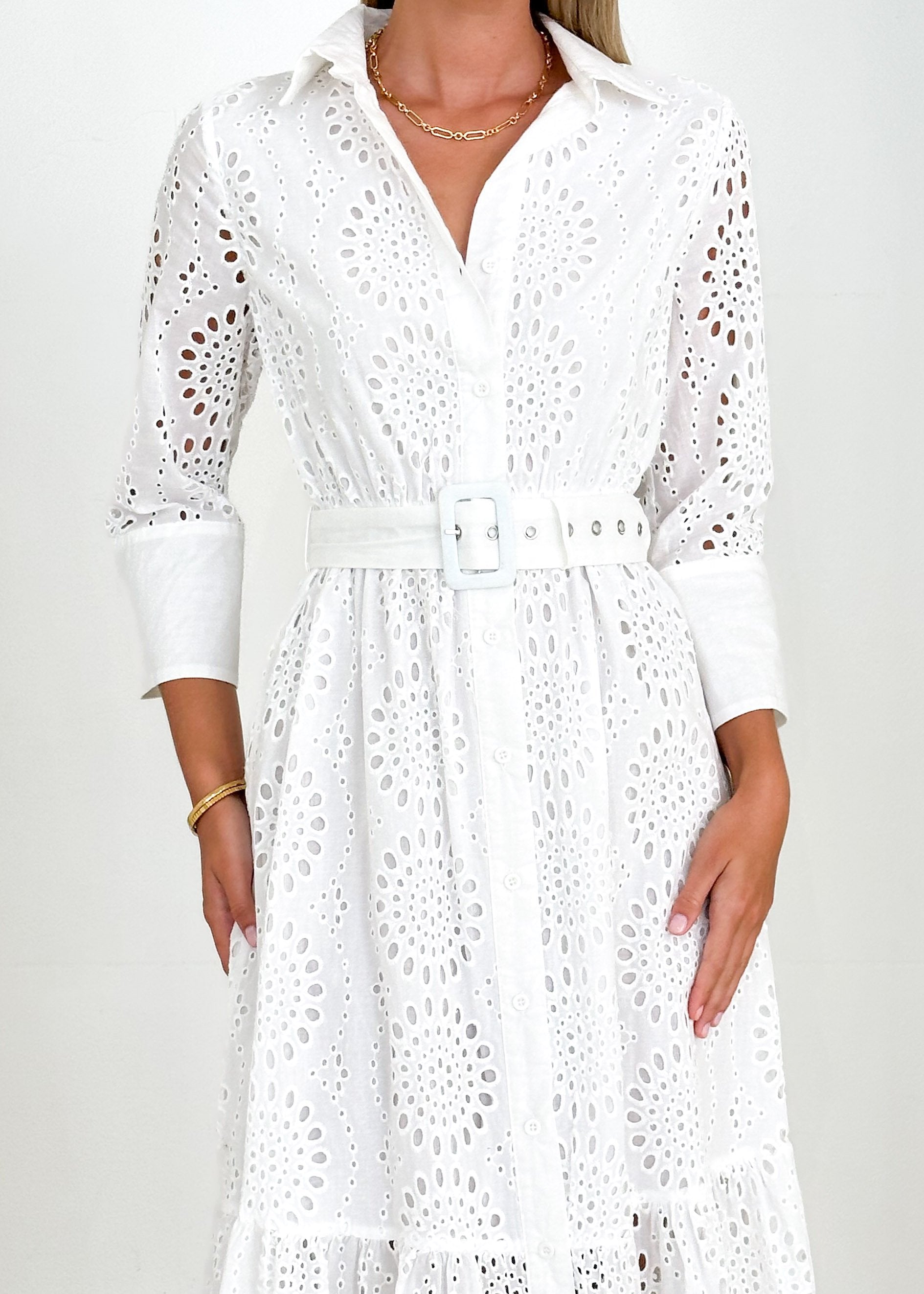 Costeen Midi Dress - White Anglaise