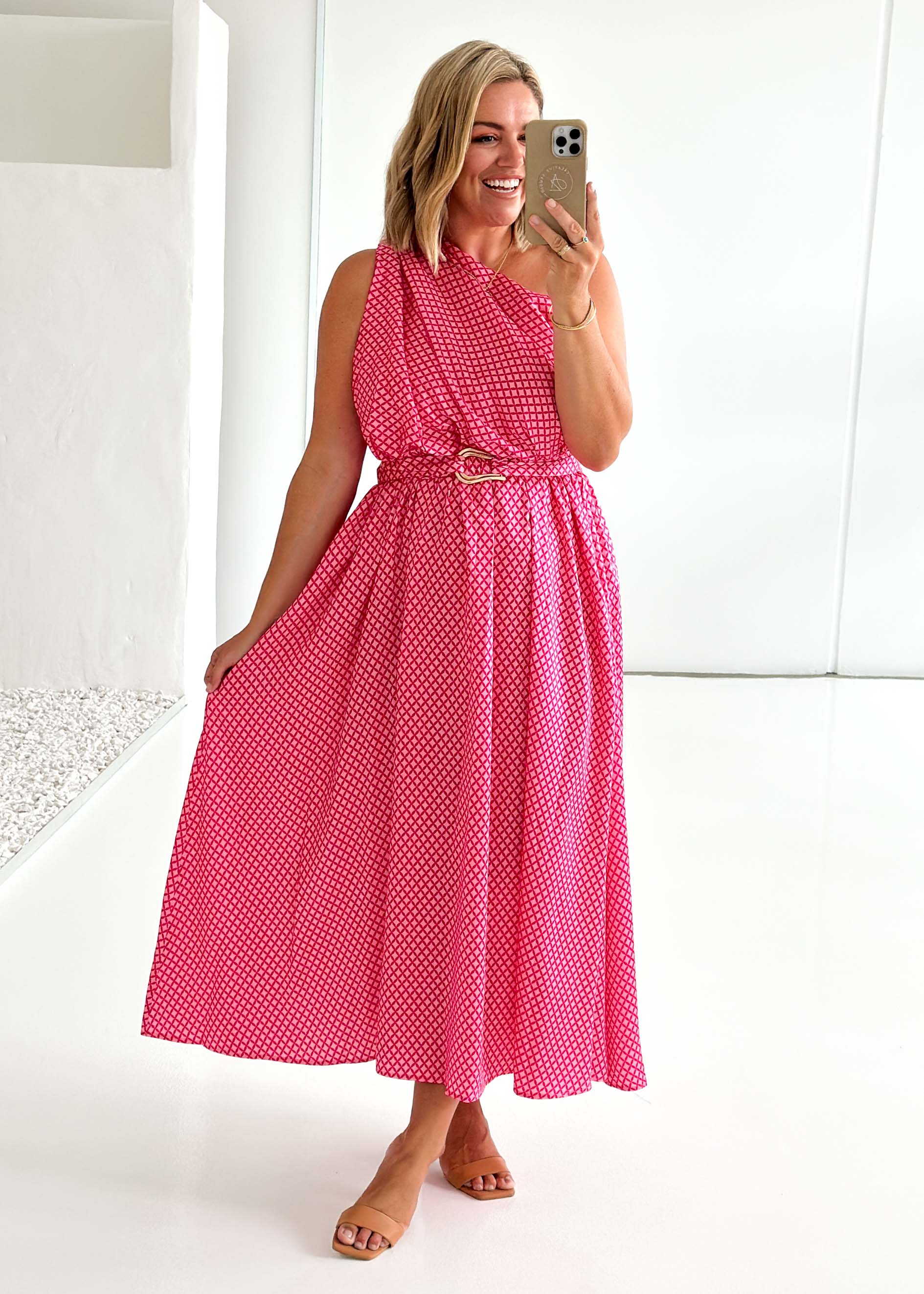 Korah One Shoulder Midi Dress - Pink Check