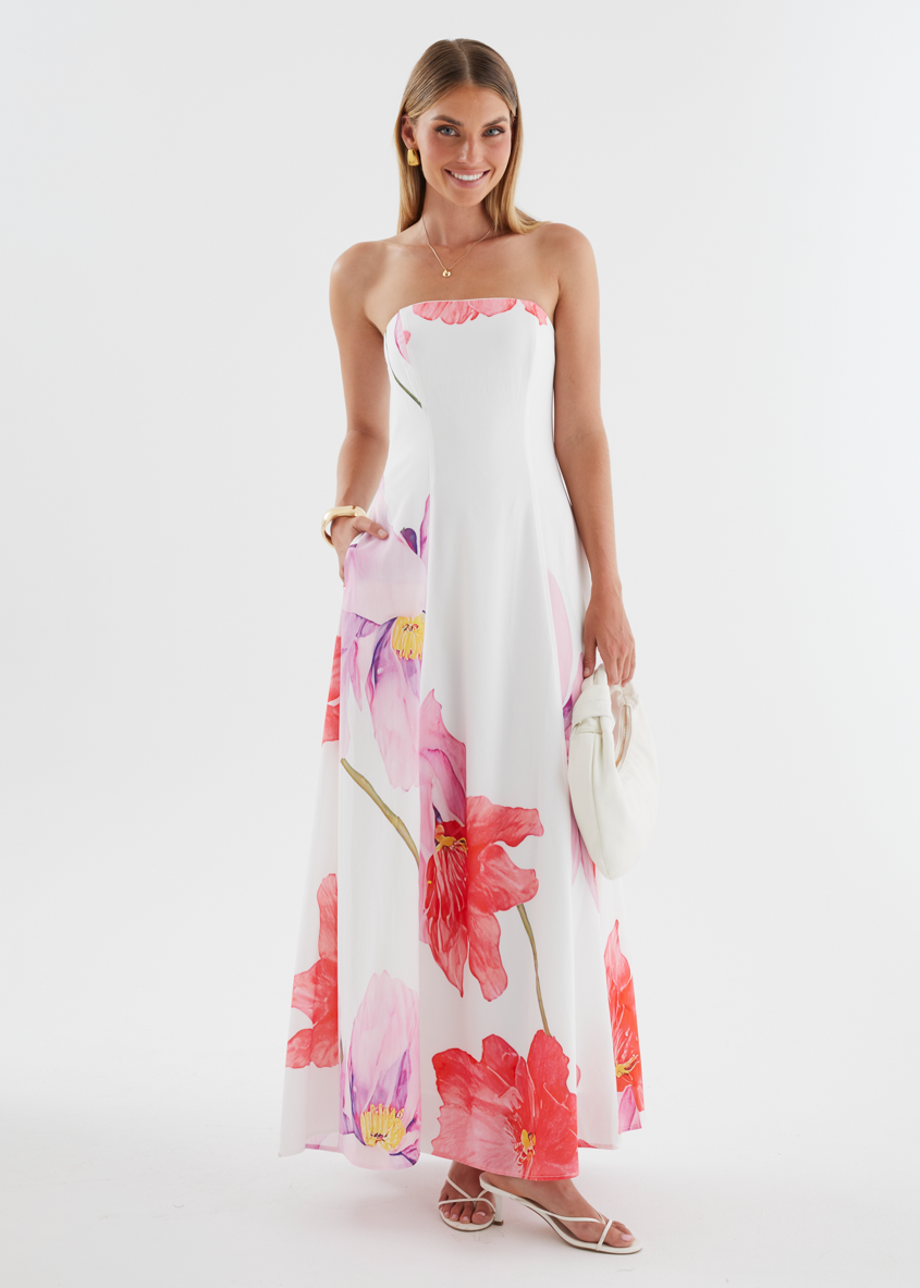 Jayde Strapless Maxi Dress - Pink Flowers  Gingham & Heels
