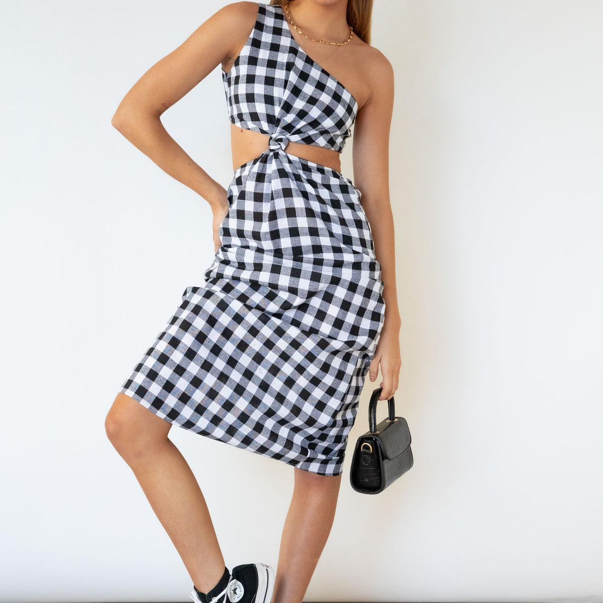 gingham and heels one shoulder dress By Anthropologie One-Shoulder Gingham Midi Dress