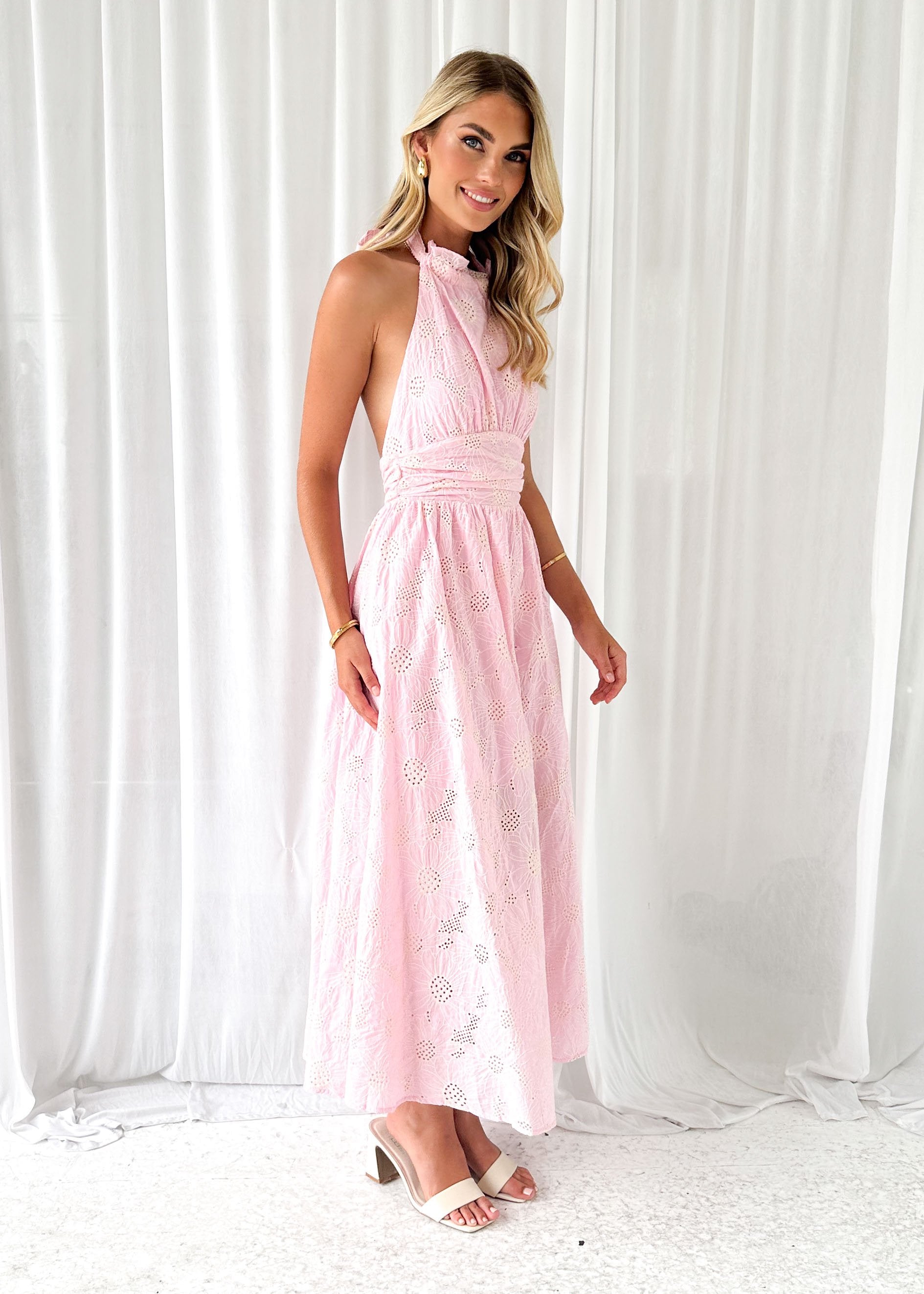 Padel Halter Midi Dress - Pink Anglaise