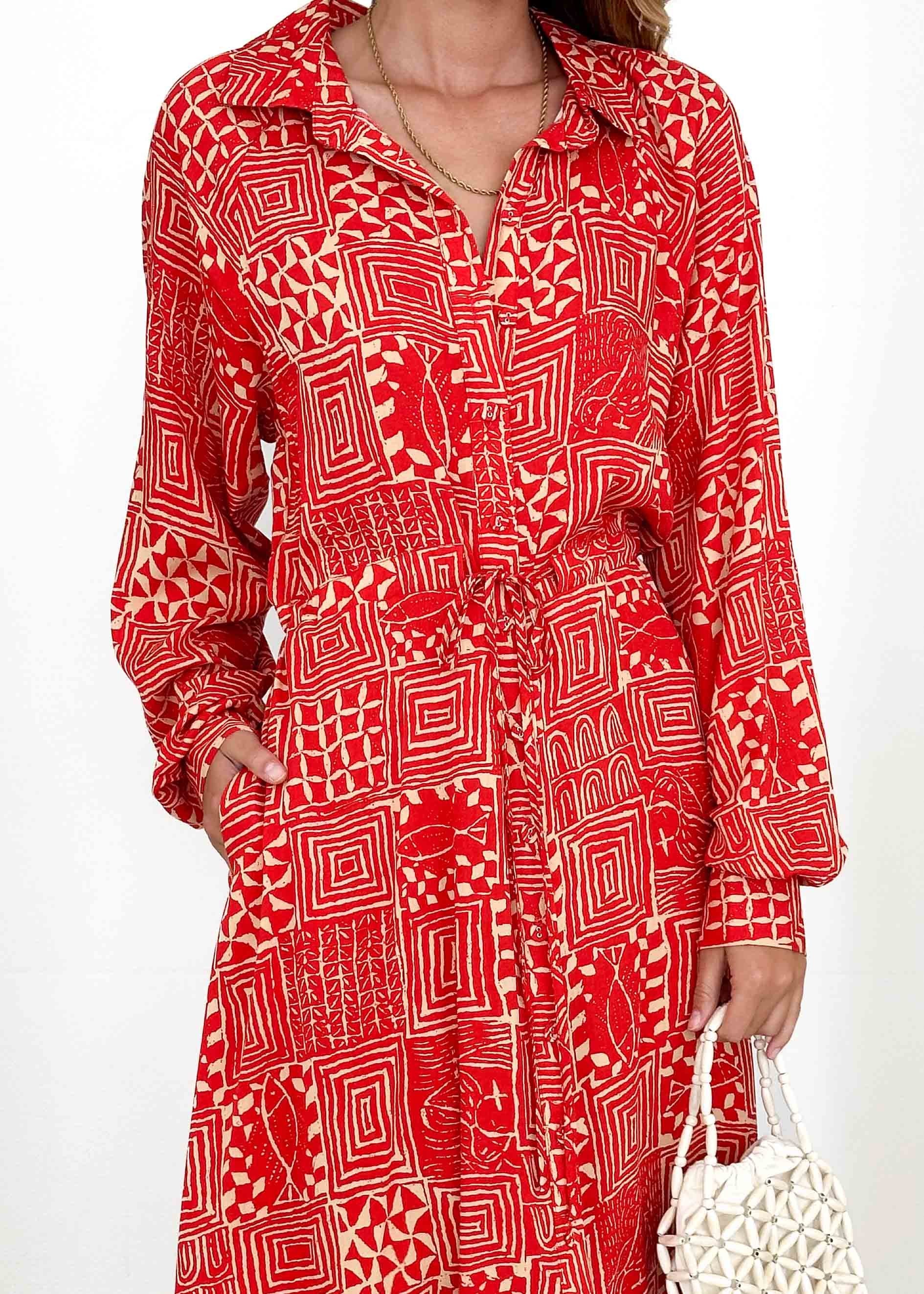 Tracklo Midi Dress - Red Abstract