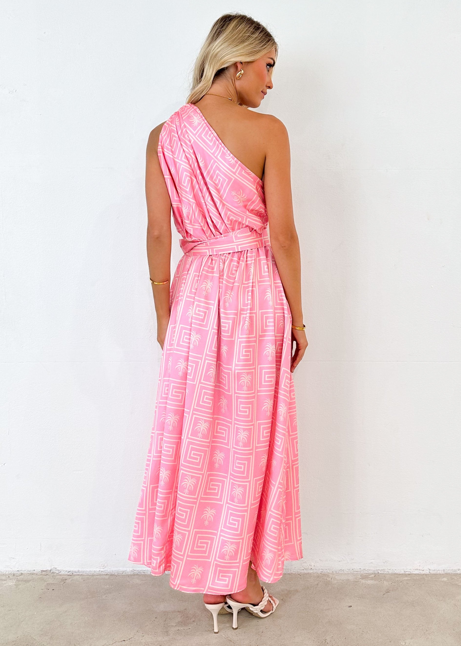 Korah One Shoulder Midi Dress - Pink Palm