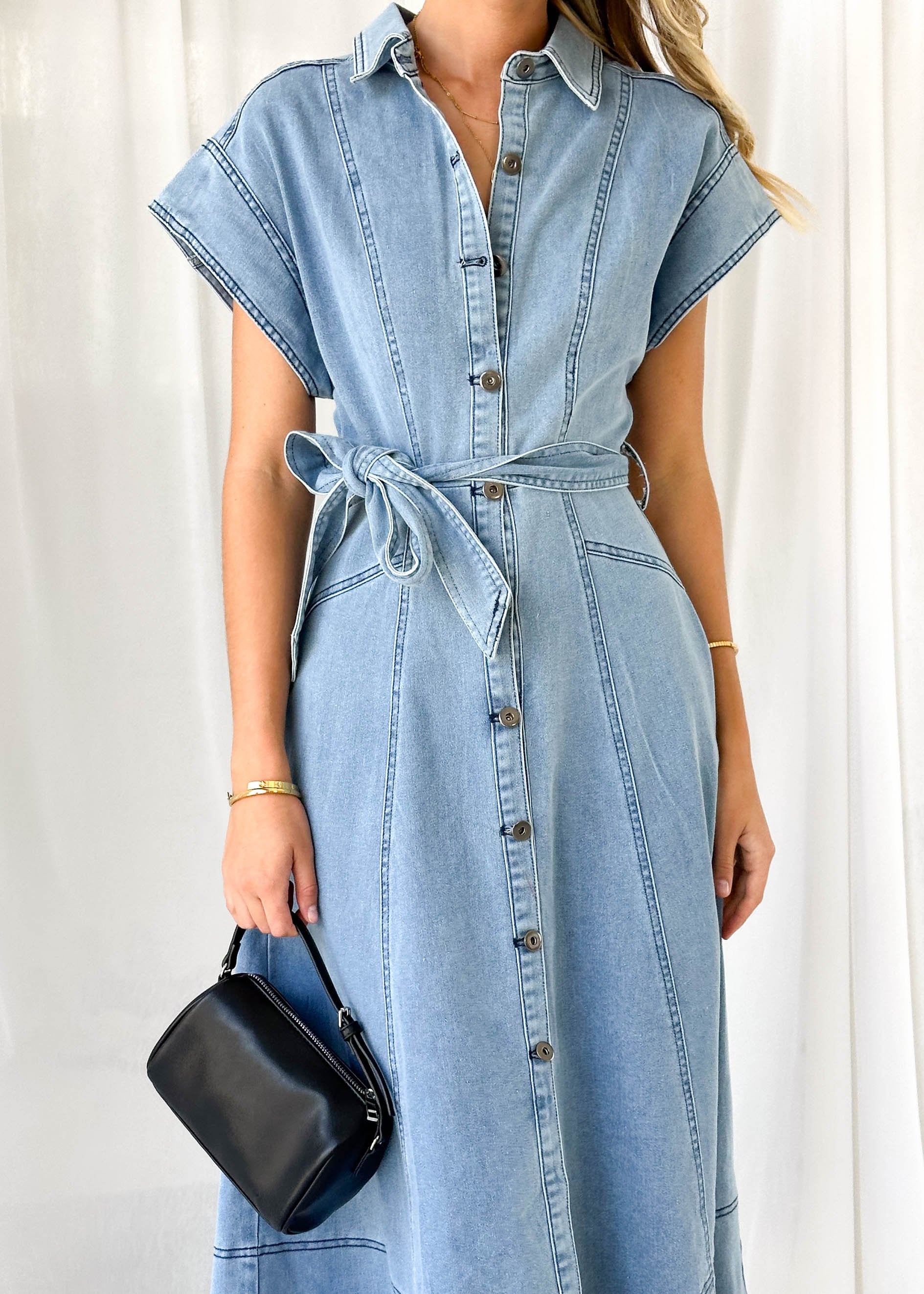 Anam Stretch Denim Midi Dress - Washed Blue