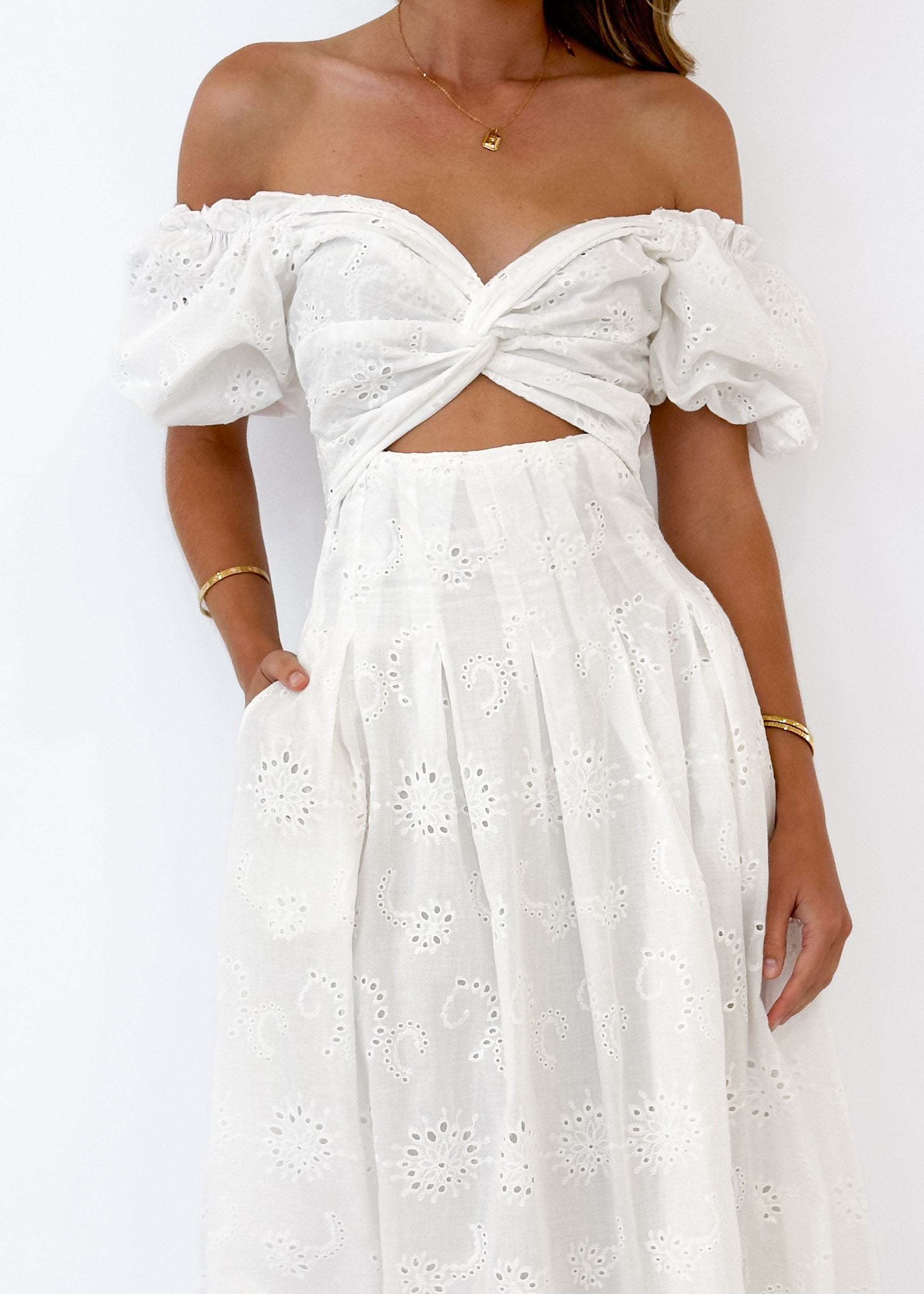 Davona Midi Dress - White Anglaise