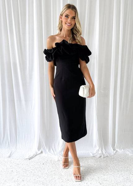 Nalini Off Shoulder Midi Dress - Black