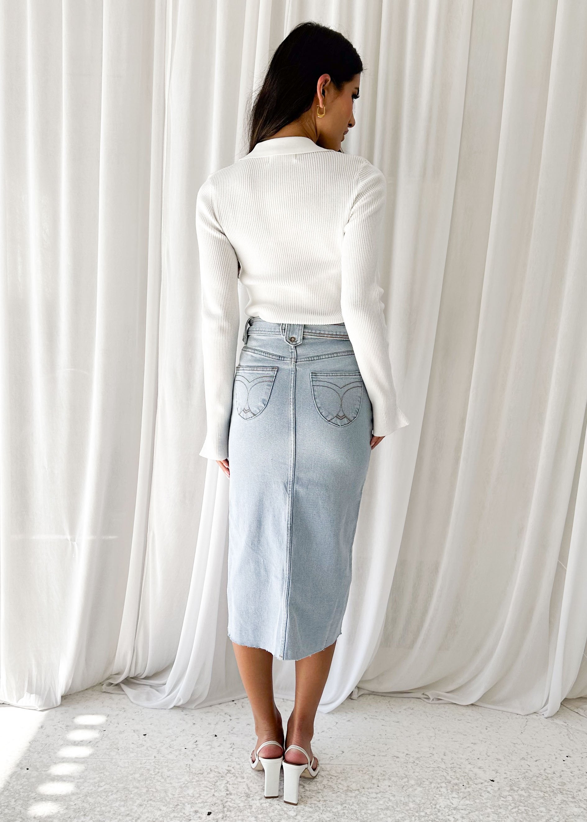 Reliae Denim Midi Skirt - Light Blue