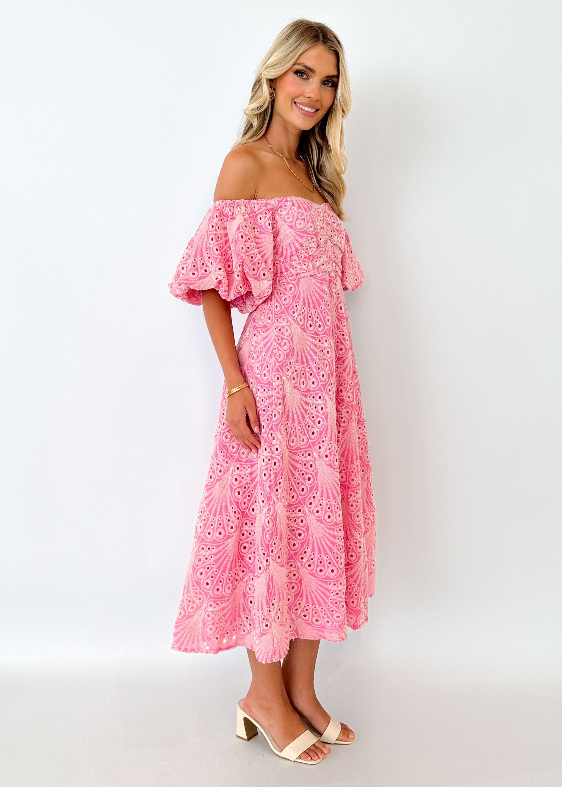 Sion Off Shoulder Midi Dress - Pink Anglaise