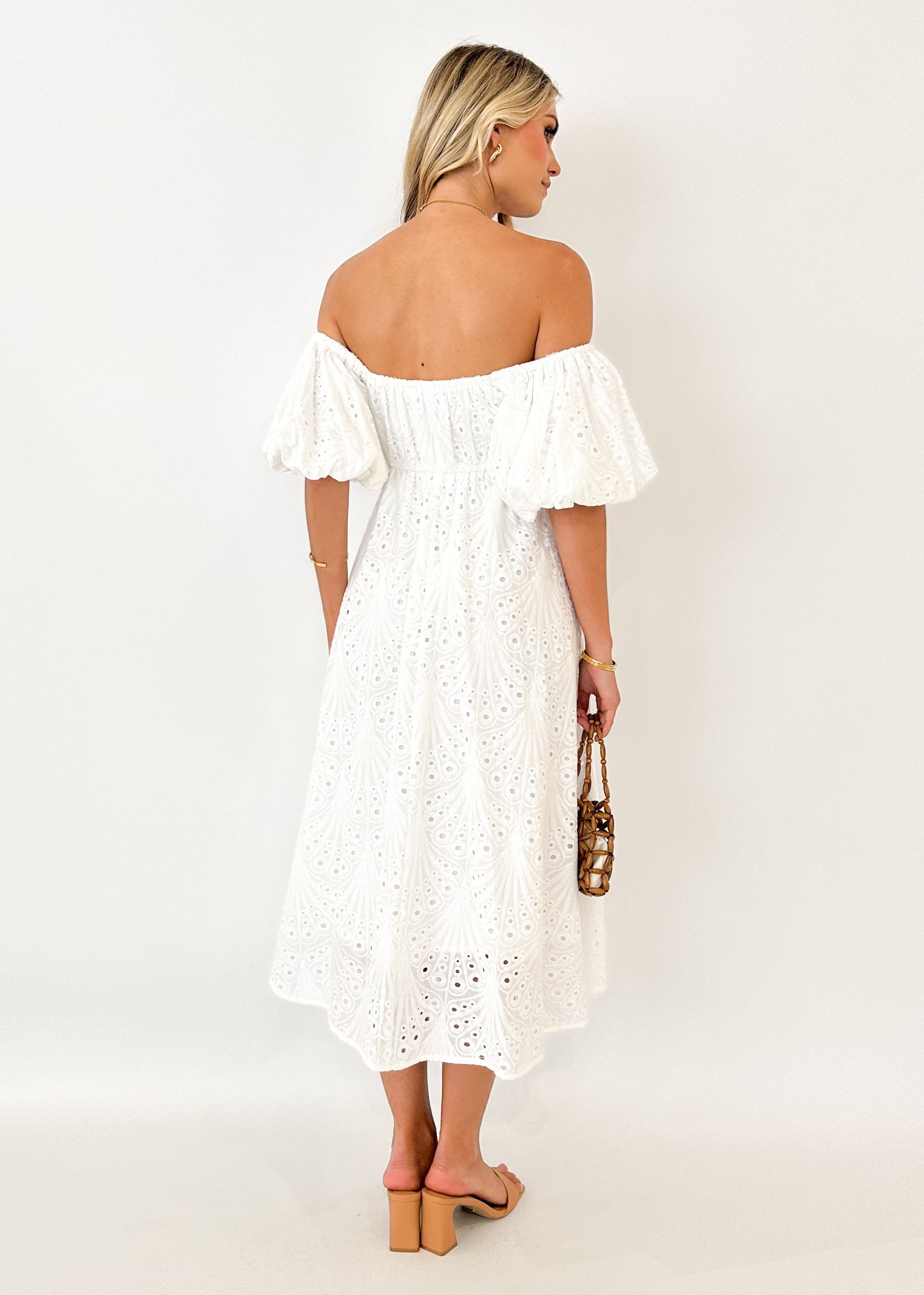 Sion Off Shoulder Midi Dress - White Anglaise