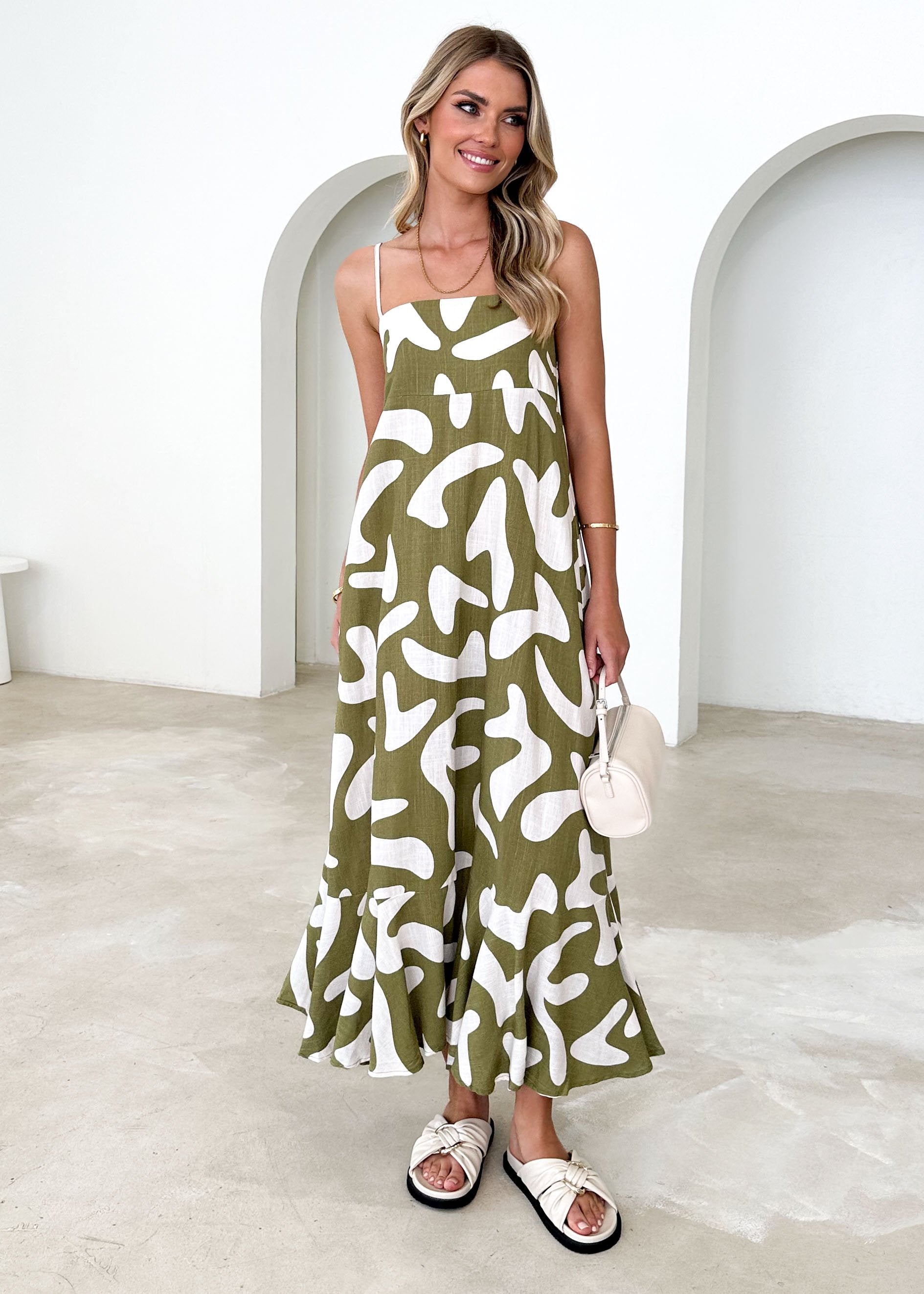 Pedra Linen Blend Maxi Dress - Olive Vacation