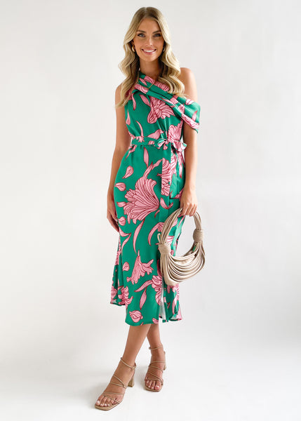 Shaylan One Shoulder Midi Dress - Green Lillies