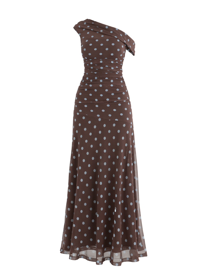 Cecilia Drop Shoulder Maxi Dress - Choc Blue Polka
