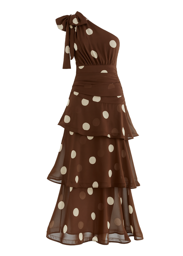 Bailee One Shoulder Midi Dress - Tan Polka