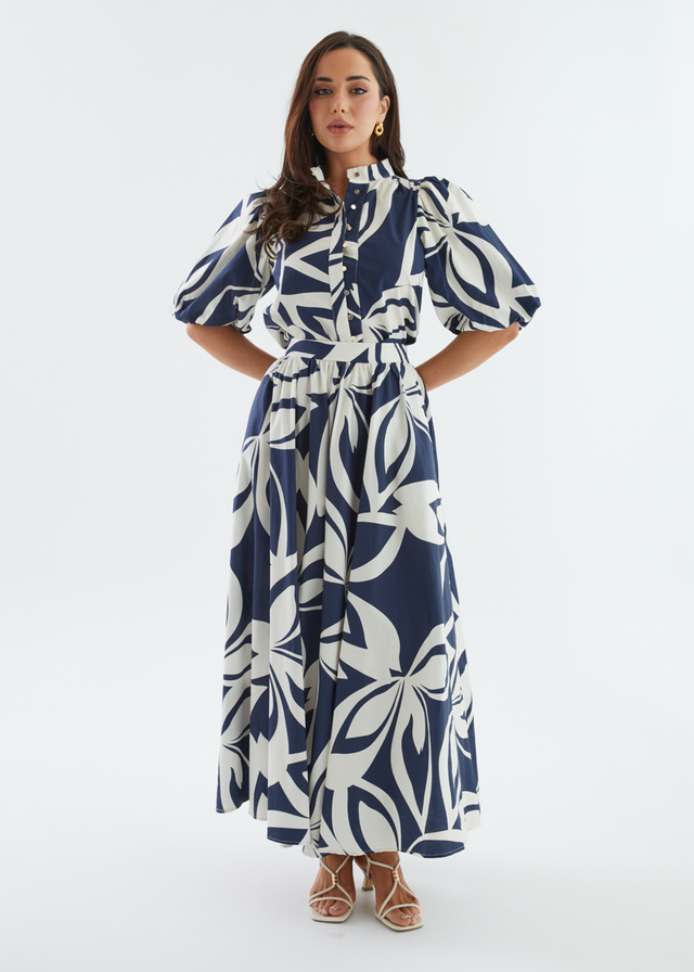 Simone Maxi Skirt - Navy Abstract
