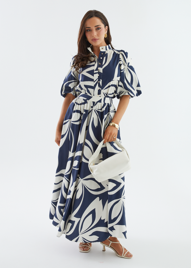 Simone Maxi Skirt - Navy Abstract
