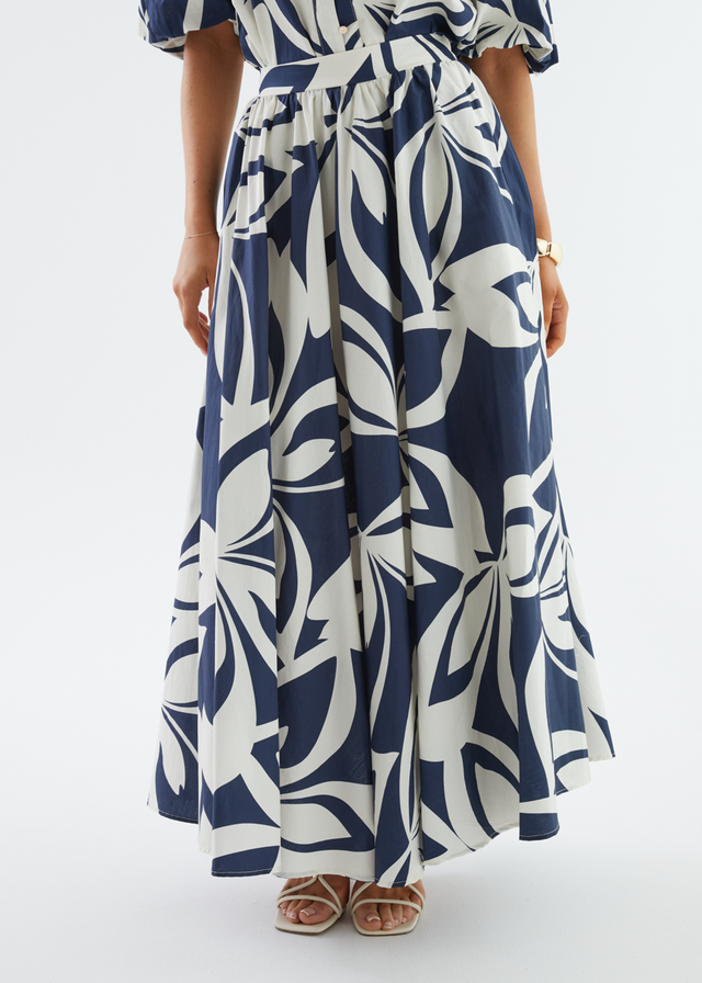 Simone Maxi Skirt - Navy Abstract