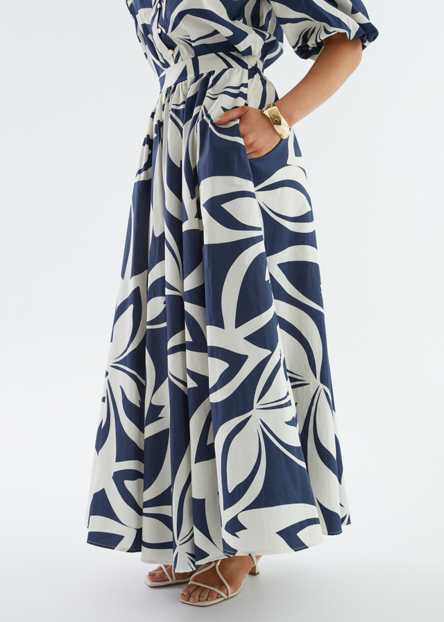 Simone Maxi Skirt - Navy Abstract