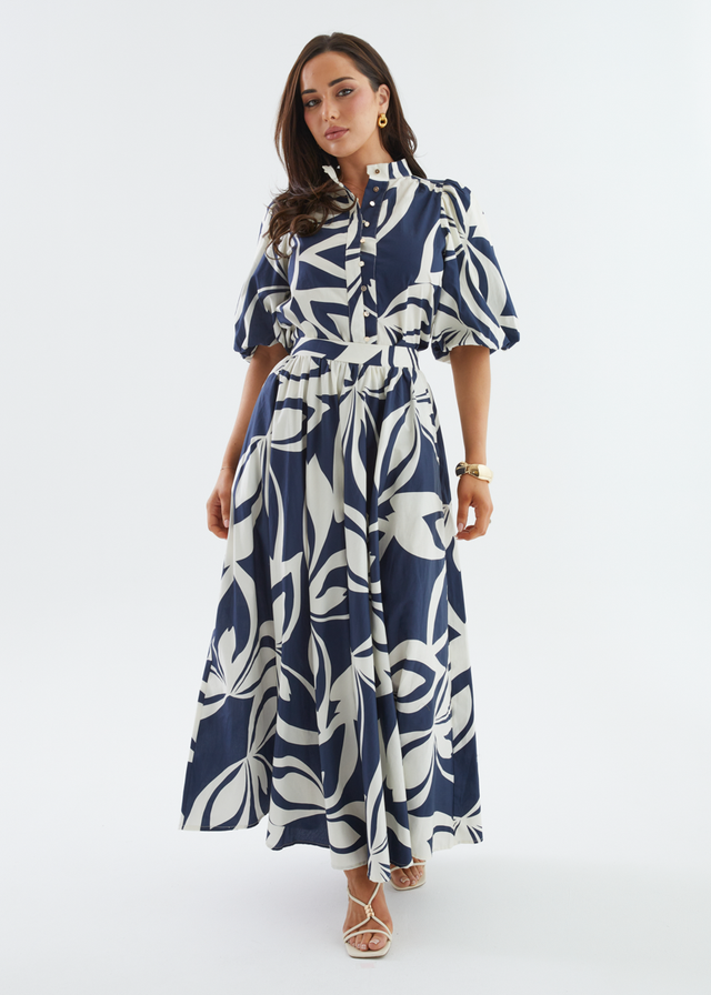 Simone Maxi Skirt - Navy Abstract