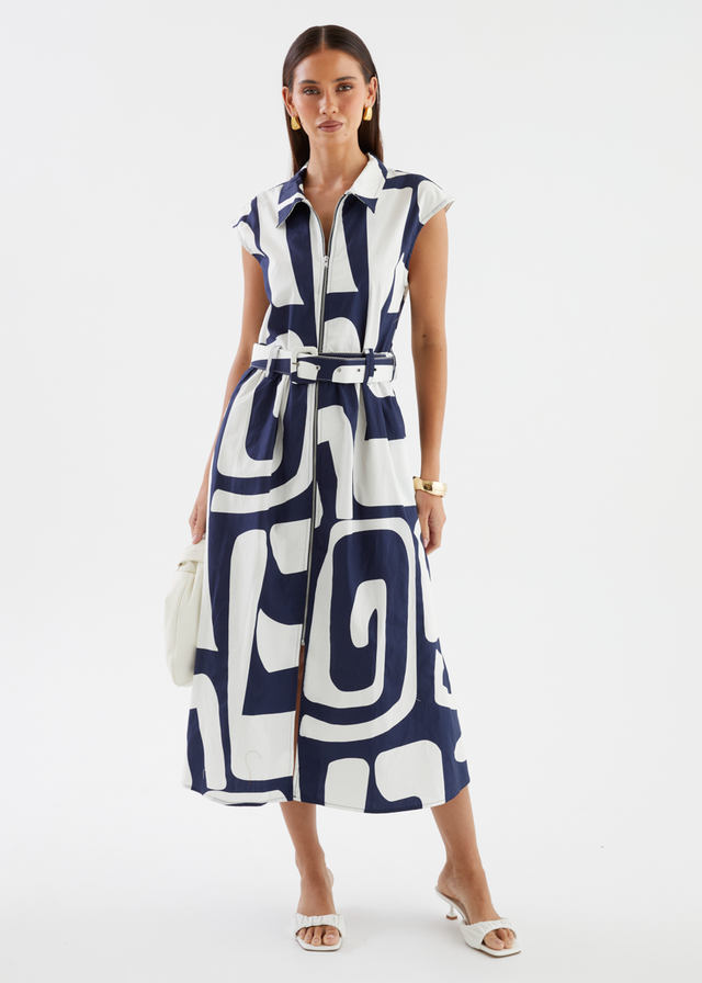 Casper Midi Dress - Navy Abstract