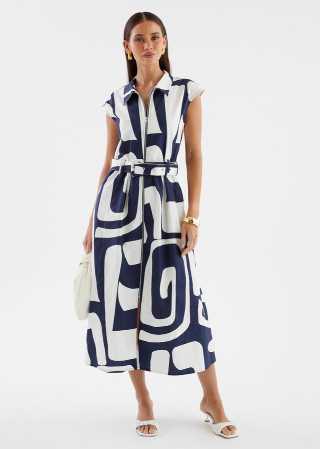 Casper Midi Dress - Navy Abstract