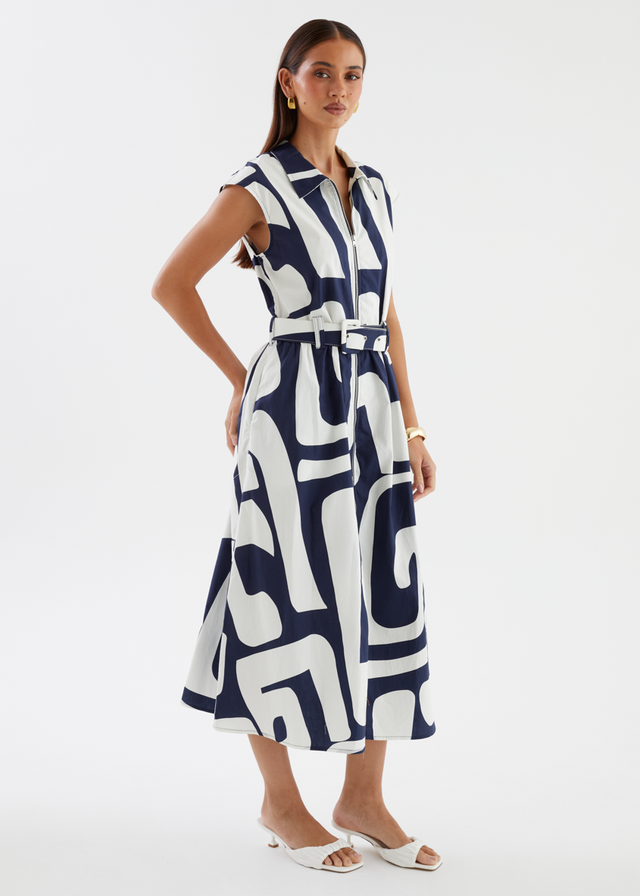 Casper Midi Dress - Navy Abstract