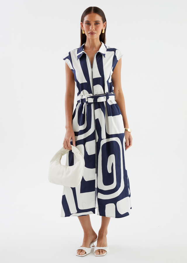 Casper Midi Dress - Navy Abstract