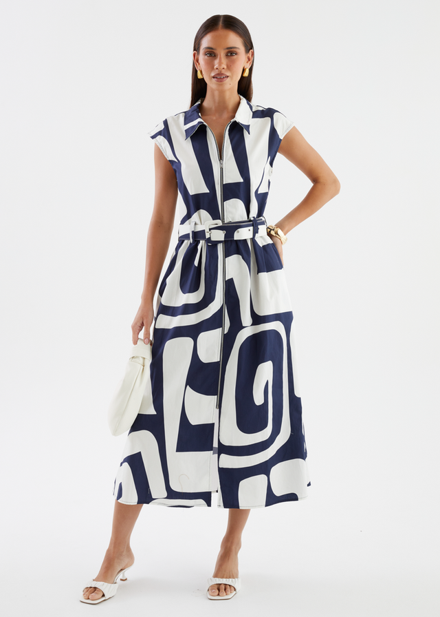 Casper Midi Dress - Navy Abstract