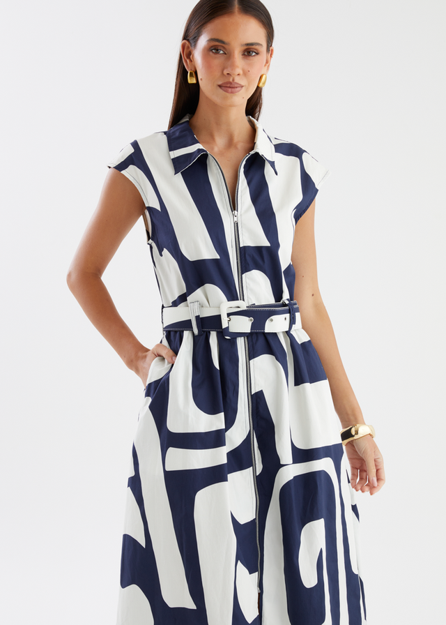 Casper Midi Dress - Navy Abstract
