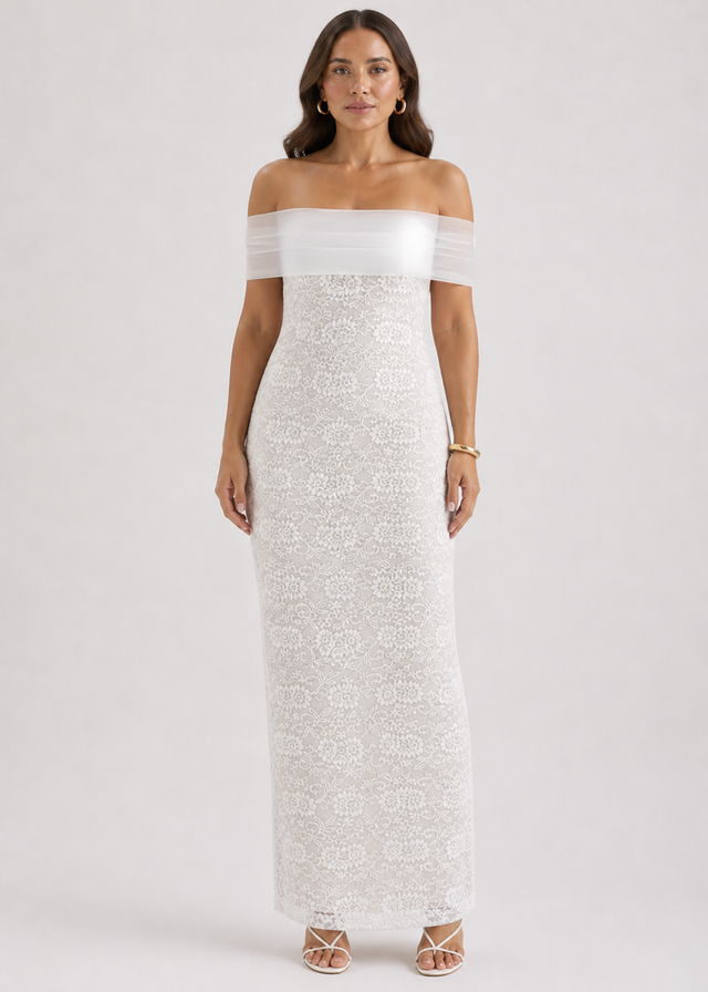 Navika Off Shoulder Lace Maxi Dress - Porcelain