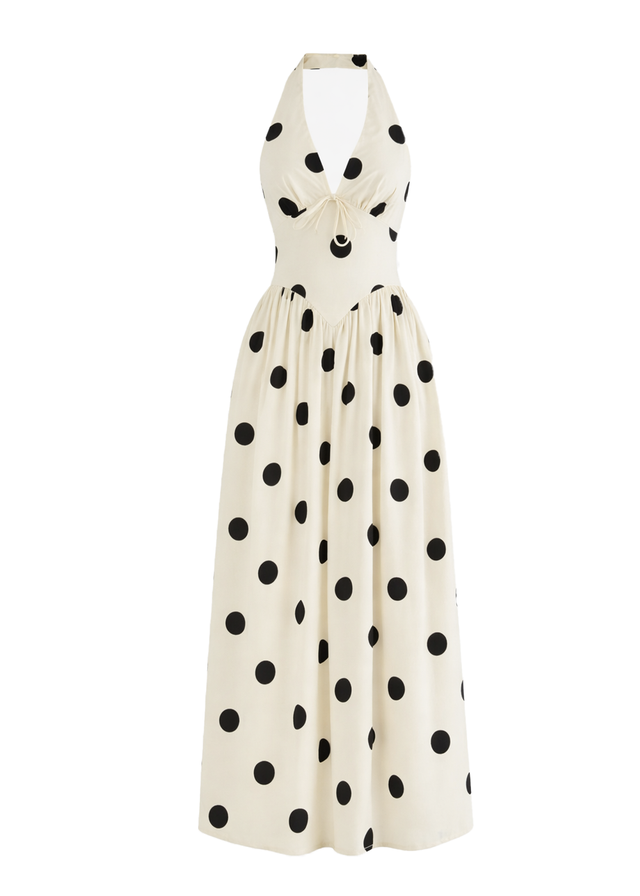 Kelsy Halter Maxi Dress - Beige Polka