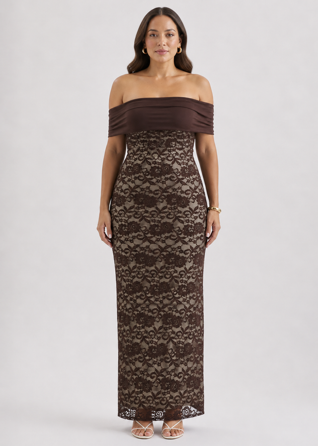 Navika Off Shoulder Lace Maxi Dress - Chocolate