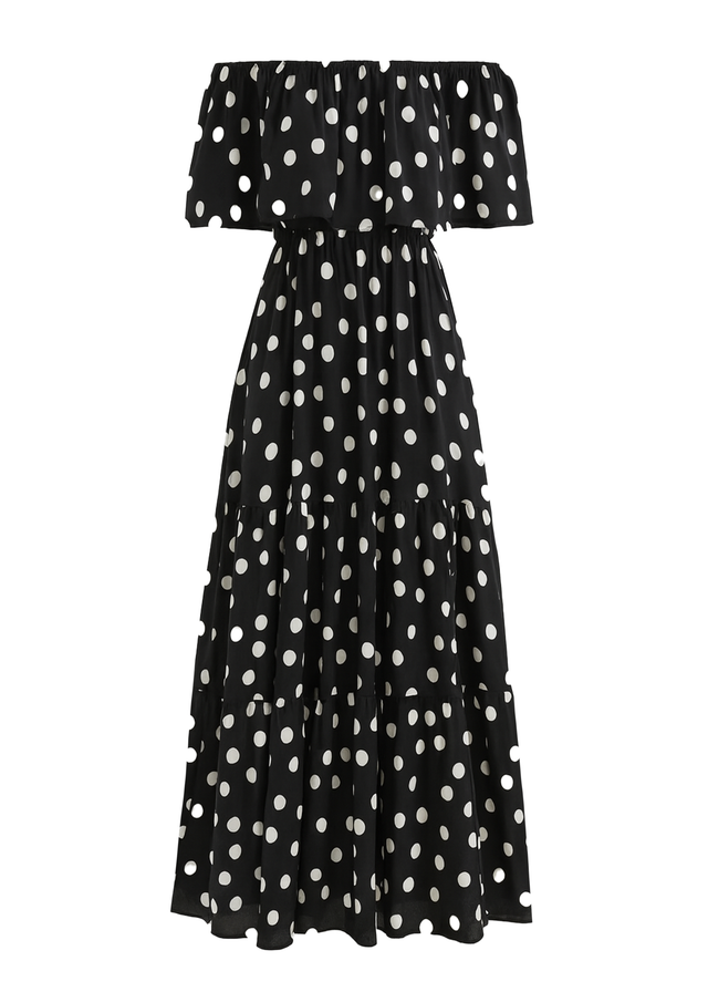 Mirie Off Shoulder Maxi Dress - Black Polka