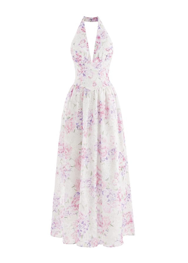 Afia Halter Embroidered Maxi Dress - Pink Flowers