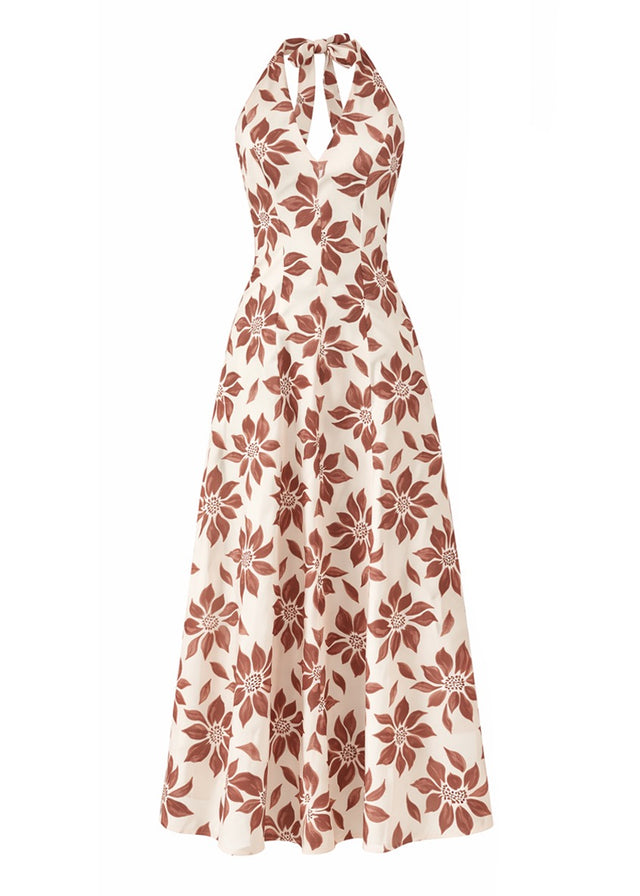 Ricci Halter Maxi Dress - Tan Flowers